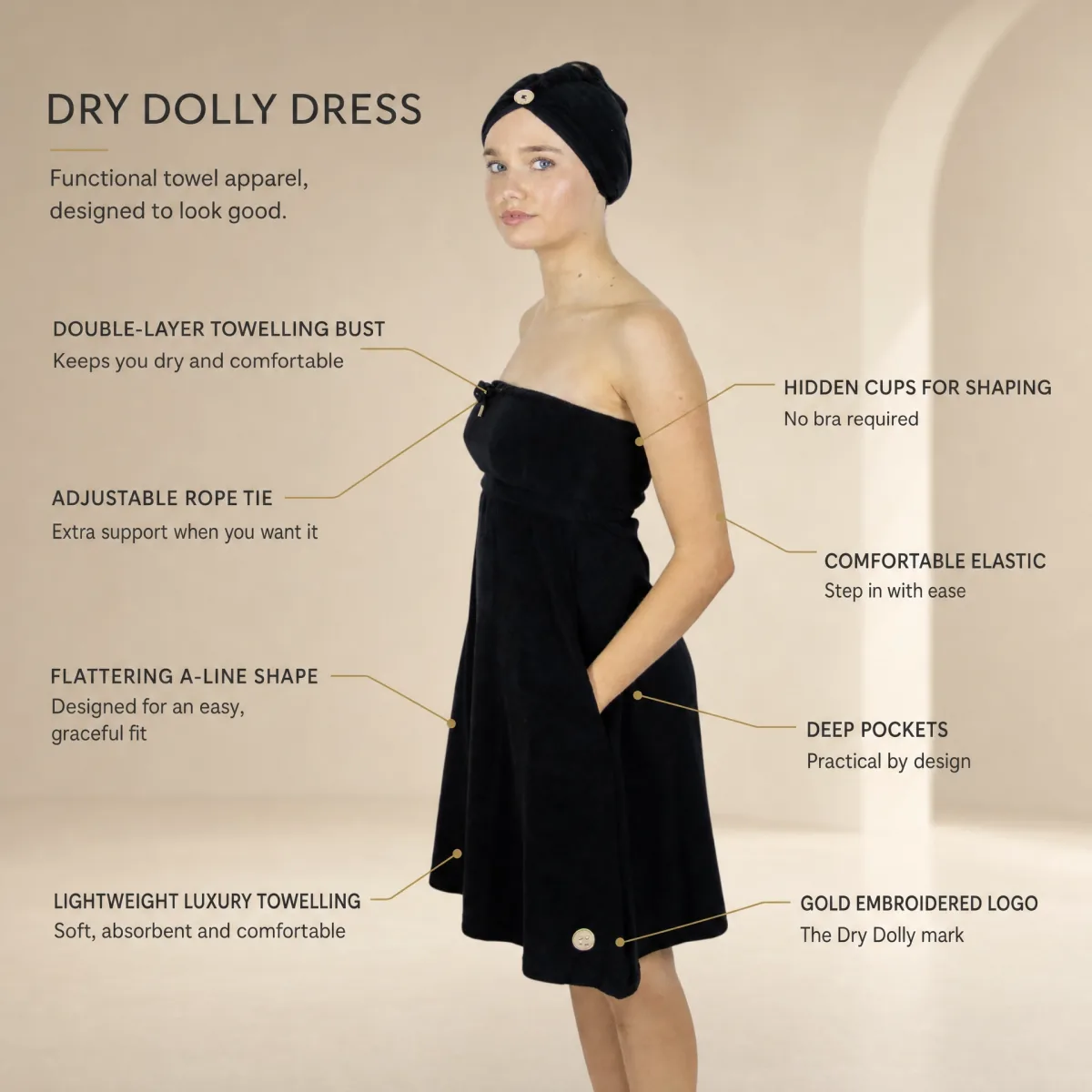 Dry Dolly dress features showing knee length and gold embroidered logo