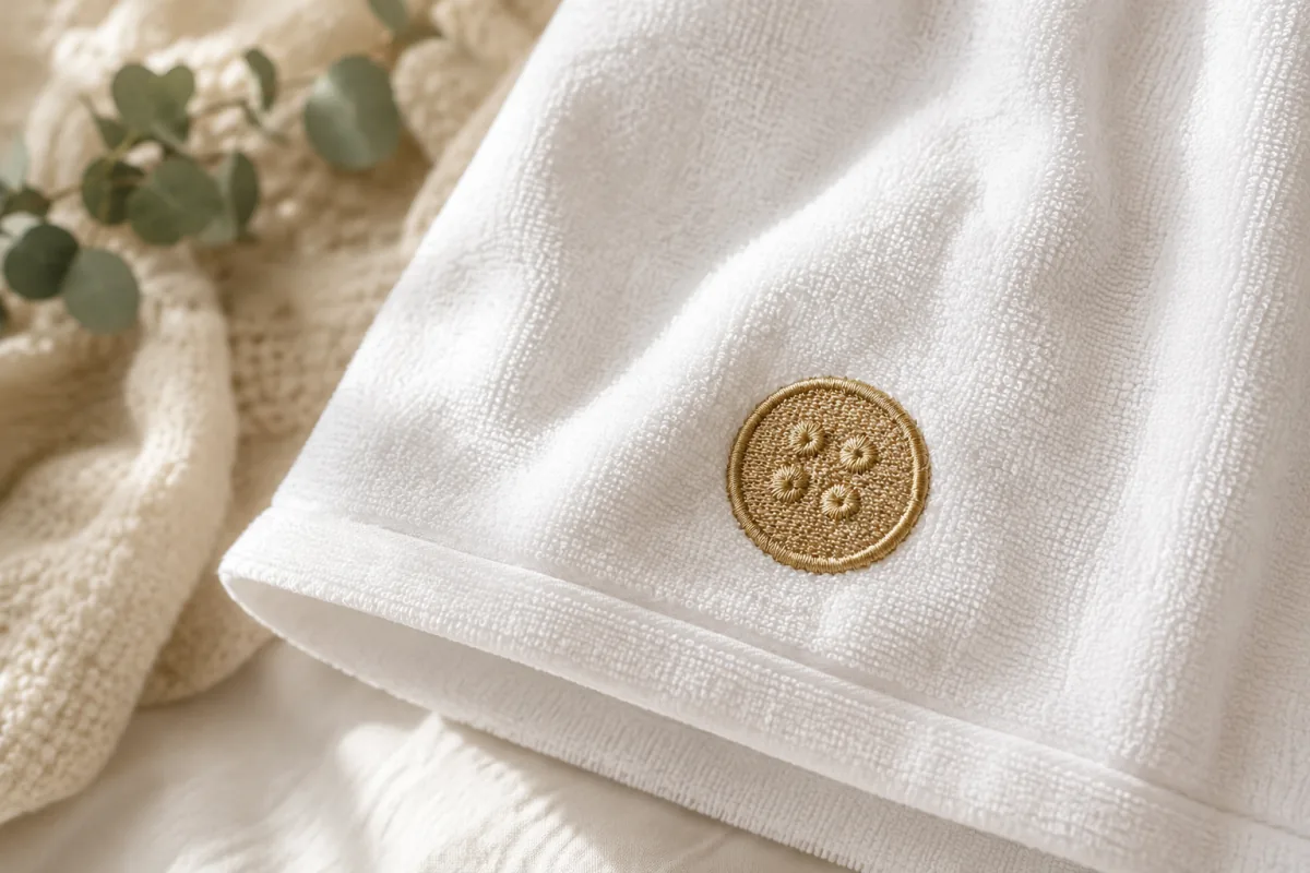 Dry Dolly gold embroidered logo detail on towelling fabric