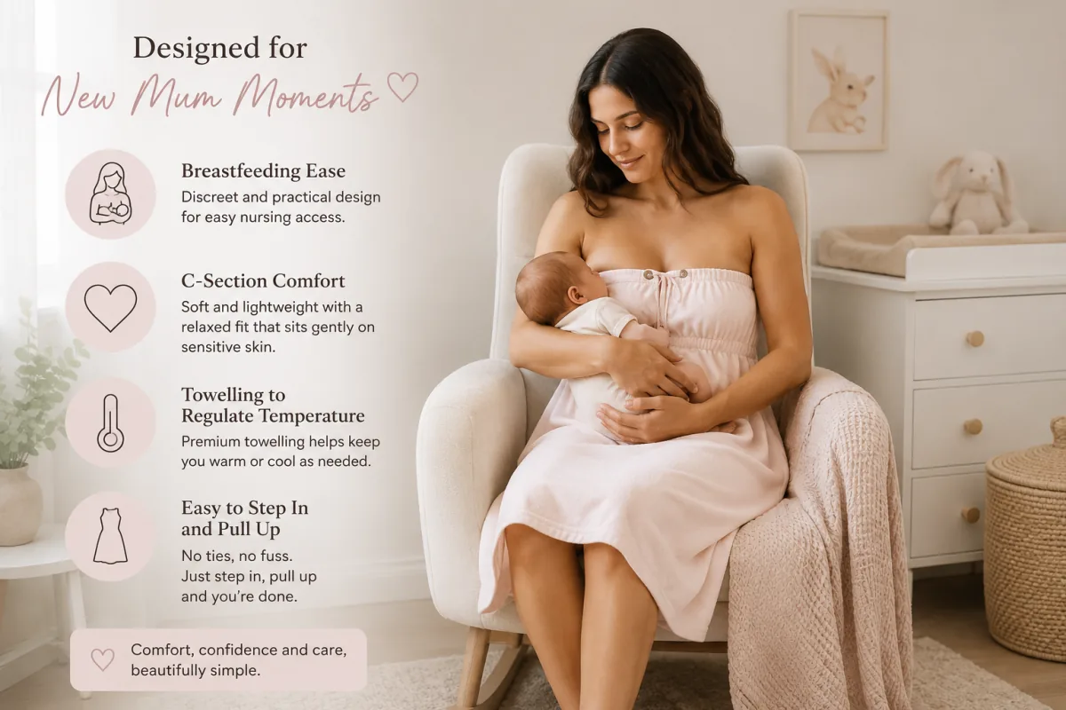 New mum breastfeeding in nursery in Dry Dolly dress